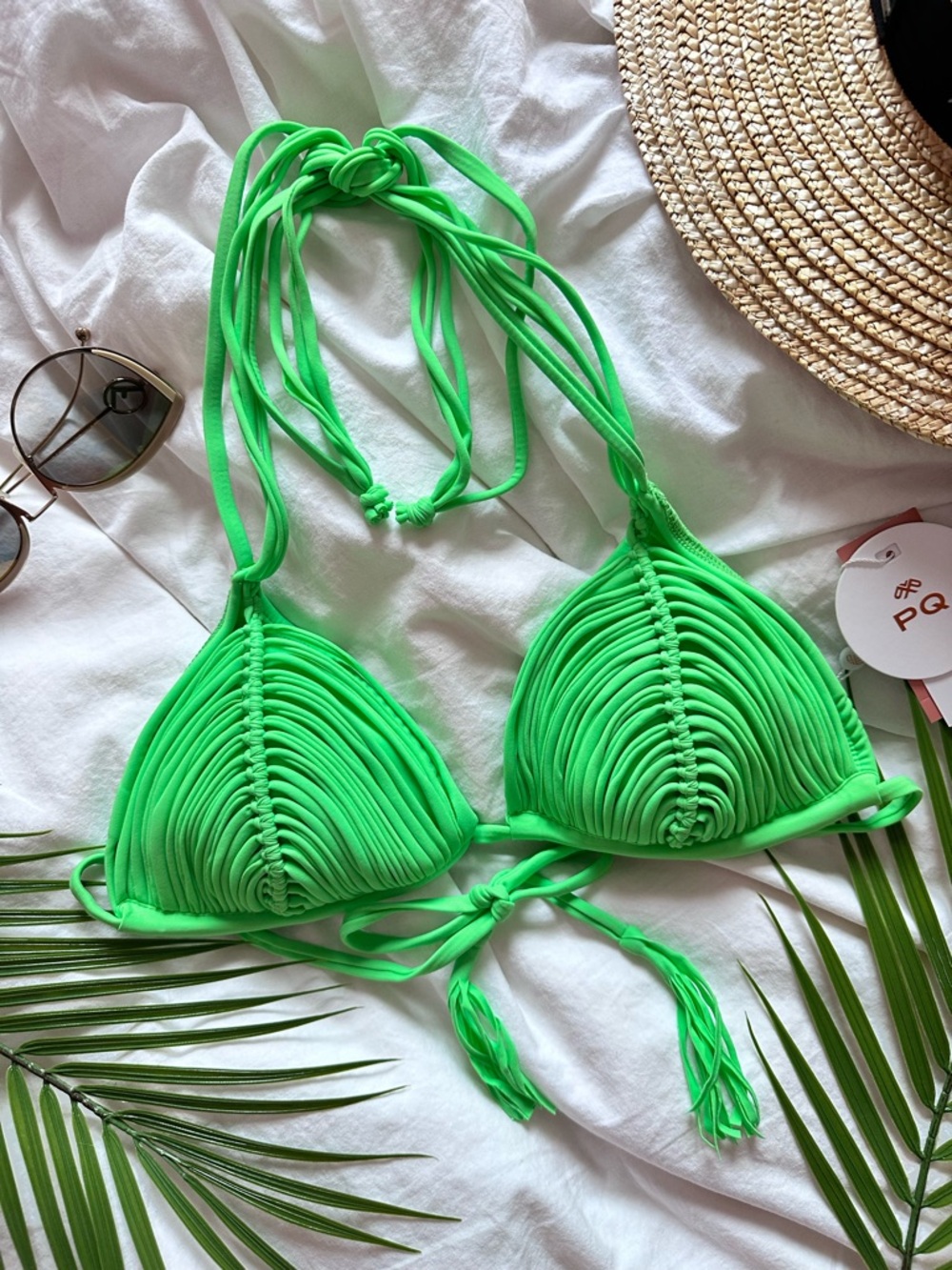 PQ Swim Hand Woven Macrame Neon Kelly Green Triangle Bikini Top